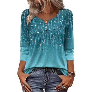 Zeagoo 3/4 Length Sleeve Womens Tops Dressy Casual 2026 V Neck T Shirts Blouses Floral Summer Business Work Basic Tees (Blue, M)