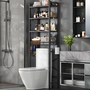 Salakita Over-The-Toilet Storage Rack, 4-Tier Bathroom Organizer Shelf Over Toilet with Adjustable Shelf and Basket, Freestanding Space Saver Bathroom Shelves Above Toilet for Room (Oak Gray)