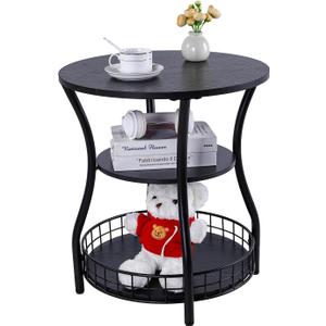 Round Side Table, 3-Tier Accent End Table with Storage Shelf, Corner Sofa Beside Table for Small Spaces,Nightstand with Metal Frame for Living Room, Bedroom (Black)