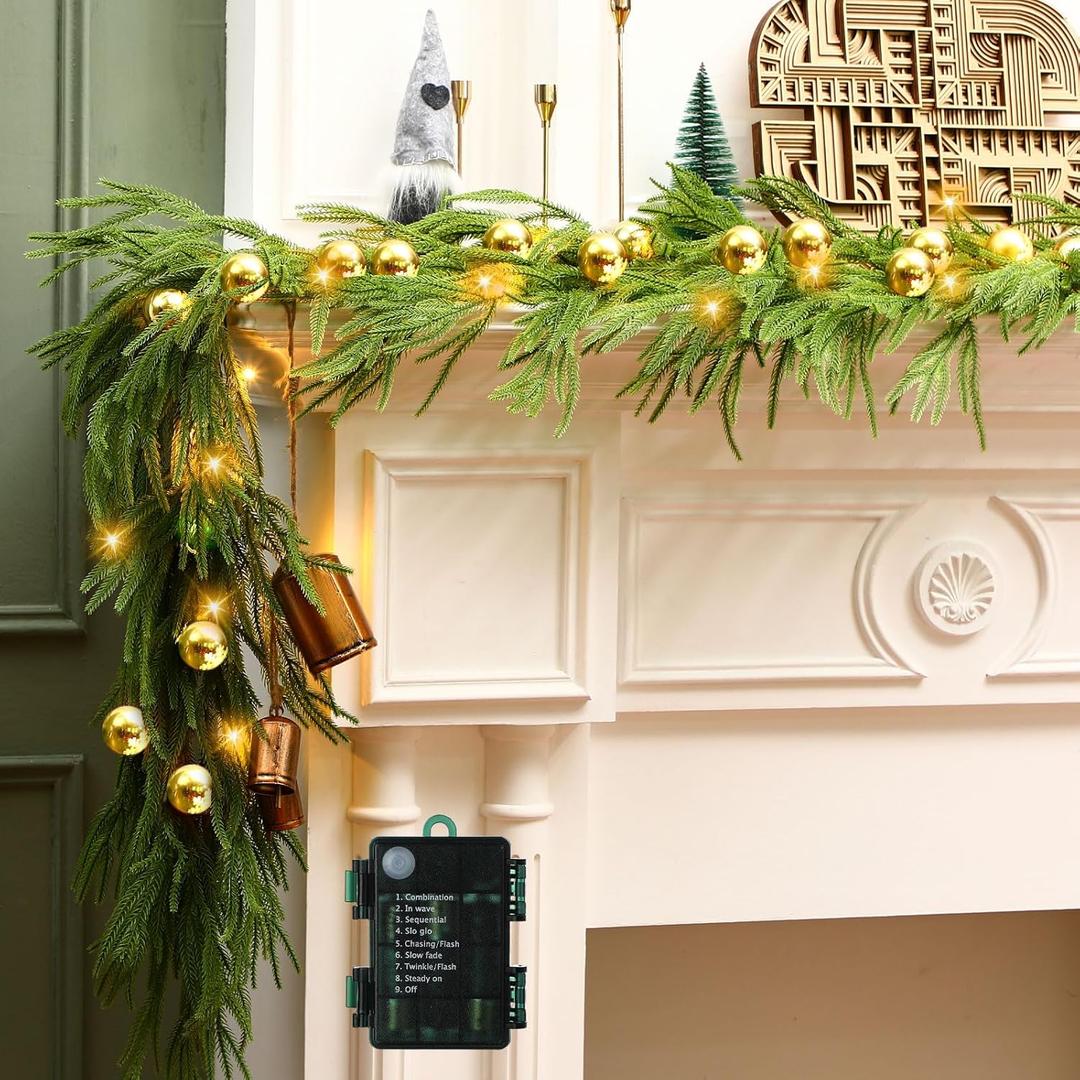 Ceenna 6.5ft Prelit Real Touch Christmas Norfolk Pine Garland Lighted Artificial Faux Greenery Garland with Christmas Ball Battery Operated Timer for Holiday Indoor Mantle Decor(Gold)