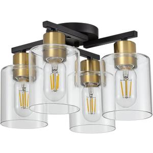 4-Light Semi Flush Mount Ceiling Light, Black and Gold Kitchen Lighting Fixtures Ceiling, Farmhouse Ceiling Light with Clear Glass Shade for Hallway, Living Room, Foyer, Bedroom