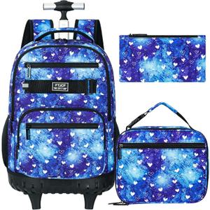 3Pcs Rolling Backpack for Girls Women, Travel Roller Backpacks with Wheels for Adults, Teens College Love Polka Dots Wheeled Bookbag with Lunch Box(Blue)