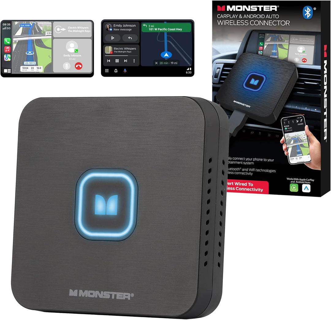 Monster Wireless CarPlay Adapter, Wireless Android Auto Adapter, Convert Wired to Wireless CarPlay & Android Auto, Compact Dongle for Factory Wired CarPlay Cars, USB-C & USB-A Cables Included