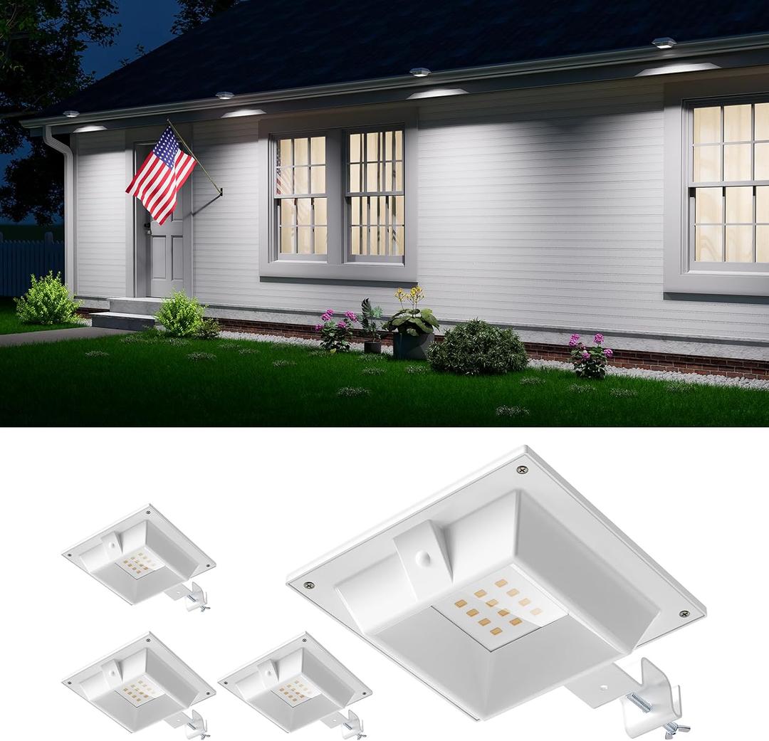 4 Pack White Solar Powered Gutter Lights Outdoor Decorative Waterproof 12 LEDs Yard Lamp for Lighting Fence, Railing, Outside Wall, Deck, Garden, Path, Backyard, Walkway, Patio, Holeless Installation