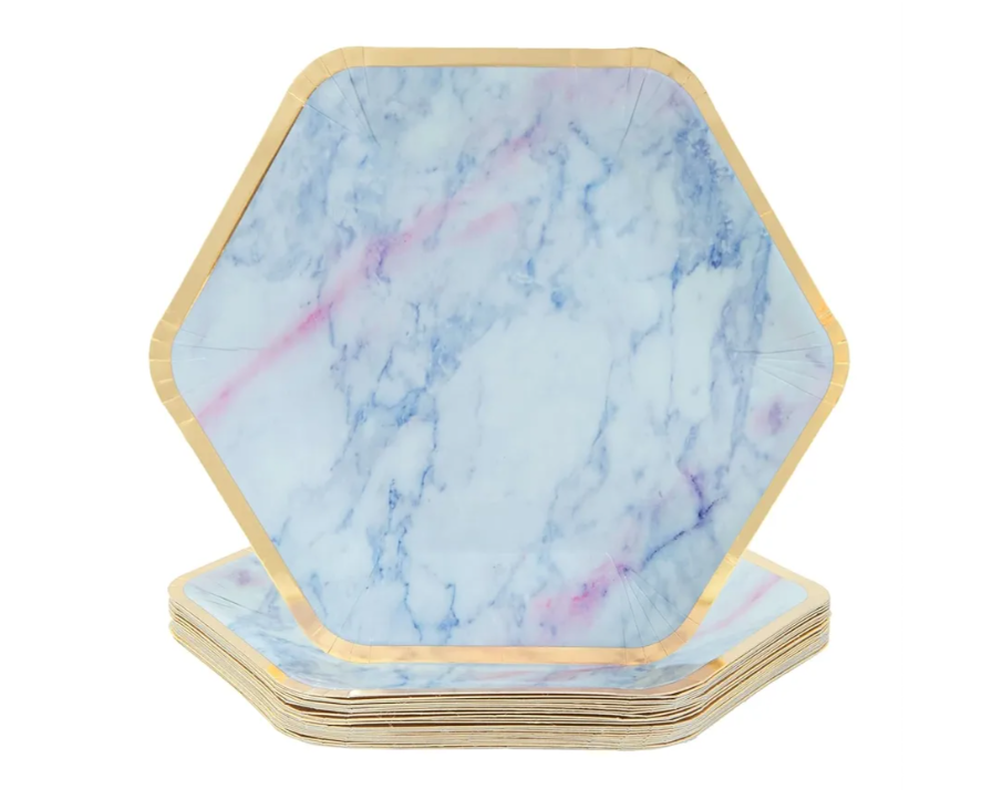 BLUE PANDA Marble Paper Party Plates (48 Count), Gold Foil Border, 9 x 8 Inches - Paper Plates
