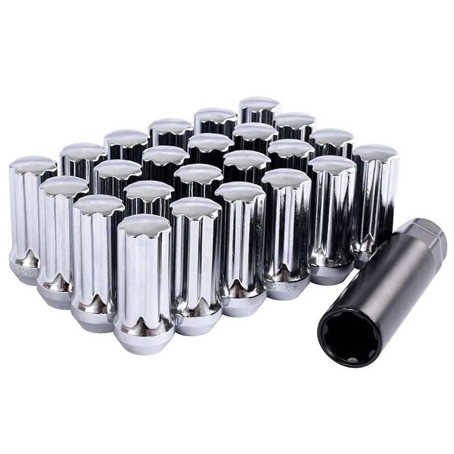 Set of 24, 14mmx1.5 7 Spline Wheel Lug Nuts for 6 Lug Aftermaket, Conical Bulge Seat, Closed End W/ 1 Socket Key, Silver
