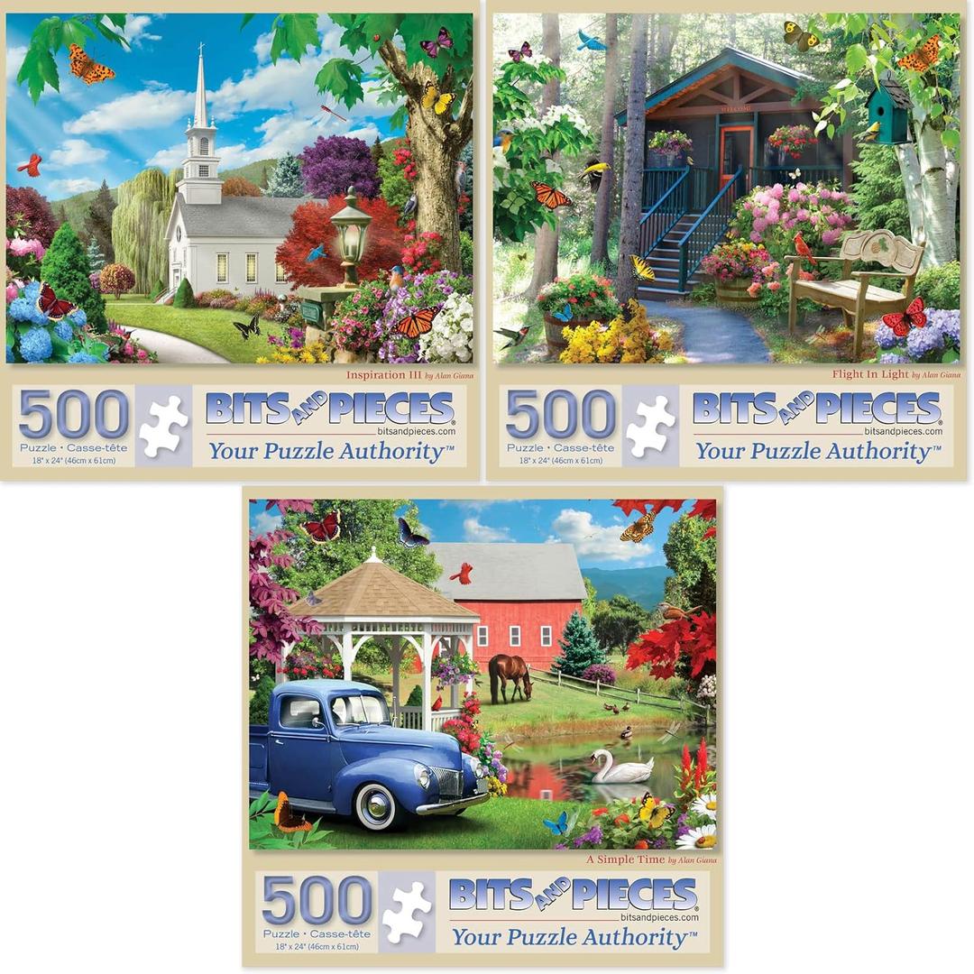 Bits and Pieces Value Set of Three Jigsaw Puzzles for Adults Alan Giana Designs 300 & 500 Piece (18" x 24") Puzzles Seasons, Nature, Church, Cabin, Barn, Sun, Birds (Three 500 Piece Puzzles)