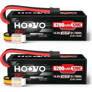 HOOVO 4S Lipo Battery 14.8V 6200mAh 120C RC Car Battery Hard Case with TR Plug Compatible for 1/8 and 1/10 Scale RC Car RC Buggy Truggy Truck Slash 4X4 Crawler Monster RC Hobby 2 Pack