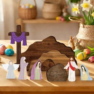Easter Scene Wooden Decorations - Empty Tomb Resurrection Scene Christian Cross Decor - Religious Jesus Nativity Decorations for Home Table Office (Multicolor)