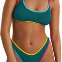 ZAFUL High Cut Bikini Sets for Women Cheeky Color Block Bathing Suit Ribbed Scoop Neck Swim Suits Bright Swimwear (Small, Peacock Blue)