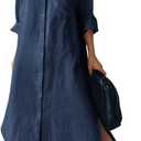 chouyatou Women's Spring Button Down Cotton Shirt Dress Summer Flowy Side Slit Maxi Shift Dress (Medium, Navy Blue)