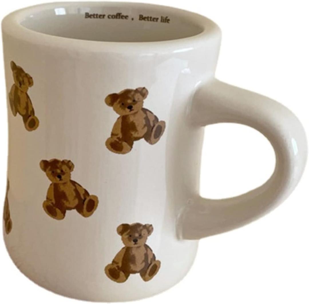 Women Girls Creamy White Cartoon Bear Mugs Ceramic Coffee Mug Water Cup 350ML/12OZ. Cute Funny Novelty Gift
