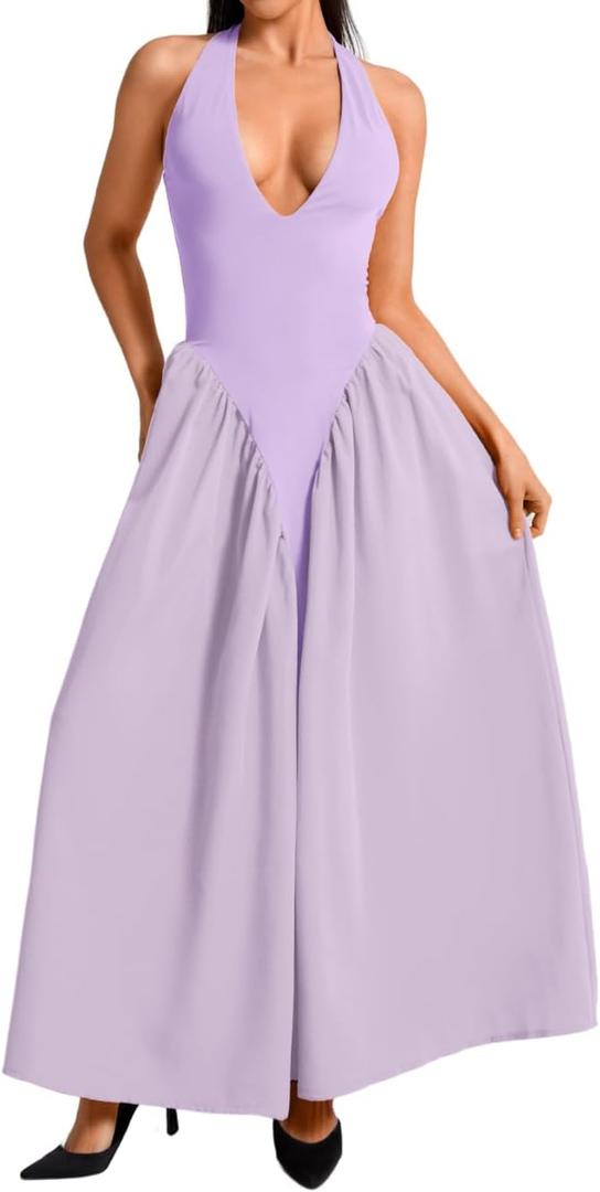 ChiaoLezhee Deep V Neck Dress, Halter Maxi Dresses, Vacation Date Night, Sexy for Women Corset Flowy Wedding Guest Drop Waist Bridesmaid A Line Pastel Backless Semi Formal, Lavender Purple, Medium