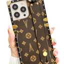 Dropcases Compatible with iPhone 15 Pro Max Case Luxury Designer for Women Girls,Rectangle Leather with Wristband Strap Kickstand Holder Protective Phone Cover for 15 Pro Max - 6.7”(Brown)