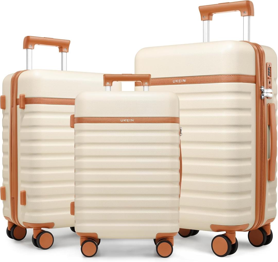 3 Piece Luggage Set, Lightweight Hardshell Large Checked Suitcase TSA Lock, Beige (20in/24in/28in)