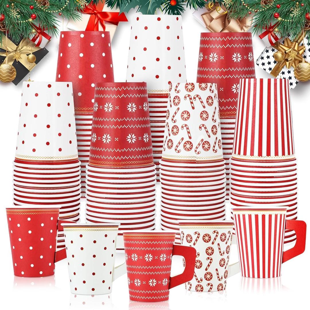 YLOLUL 100 Pcs Christmas Coffee Cups Disposable with Handles 9 oz Hot Chocolate Cups Bulk Red White Christmas Holiday Paper Cups for Xmas Holiday Party Hot Cocoa Bar Supplies