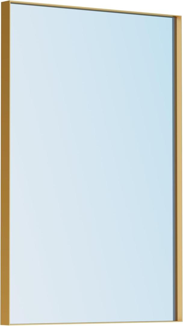 VocalStar 22 x 30 Inch Gold Bathroom Mirror, Square Corner Rectangle Brass Metal Framed Bathroom Vanity Mirrors for Wall, 1/4-inch Shatterproof Glass | Ultra-Flush Hanging