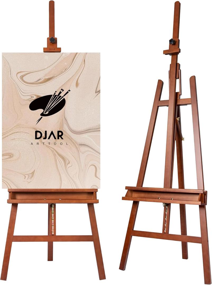 DJAR Large Studio Art Easel for Painting, Adjustable Solid Beech Wood Artist Easel with Storage Tray, Adults, Beginners, Hold Canvas up to 49", Walnut