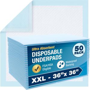 DMI Extra Large 36" x 36", 50 Count, Ultra Protective Incontinence Bed Pads for Women and Men, Elderly, Kids Bed Wetting, Absorbent Chucks, Furniture Protection, FSA/HSA