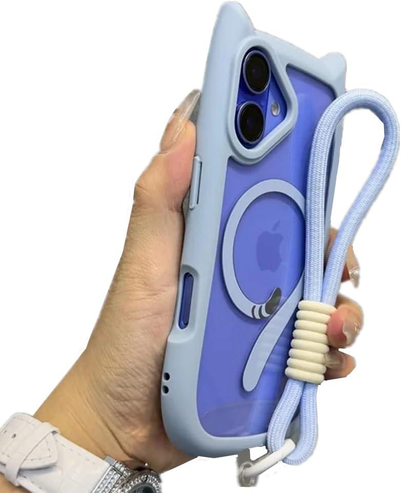 Compatible With iPhone 16 Case Cute Kawaii 3D Cat Ears Case for Girls Women Clear Soft Magnetic Transparent Shockproof Protective Phone Cover With Wrist Strap Chain (Blue, For Galaxy S25 Plus)
