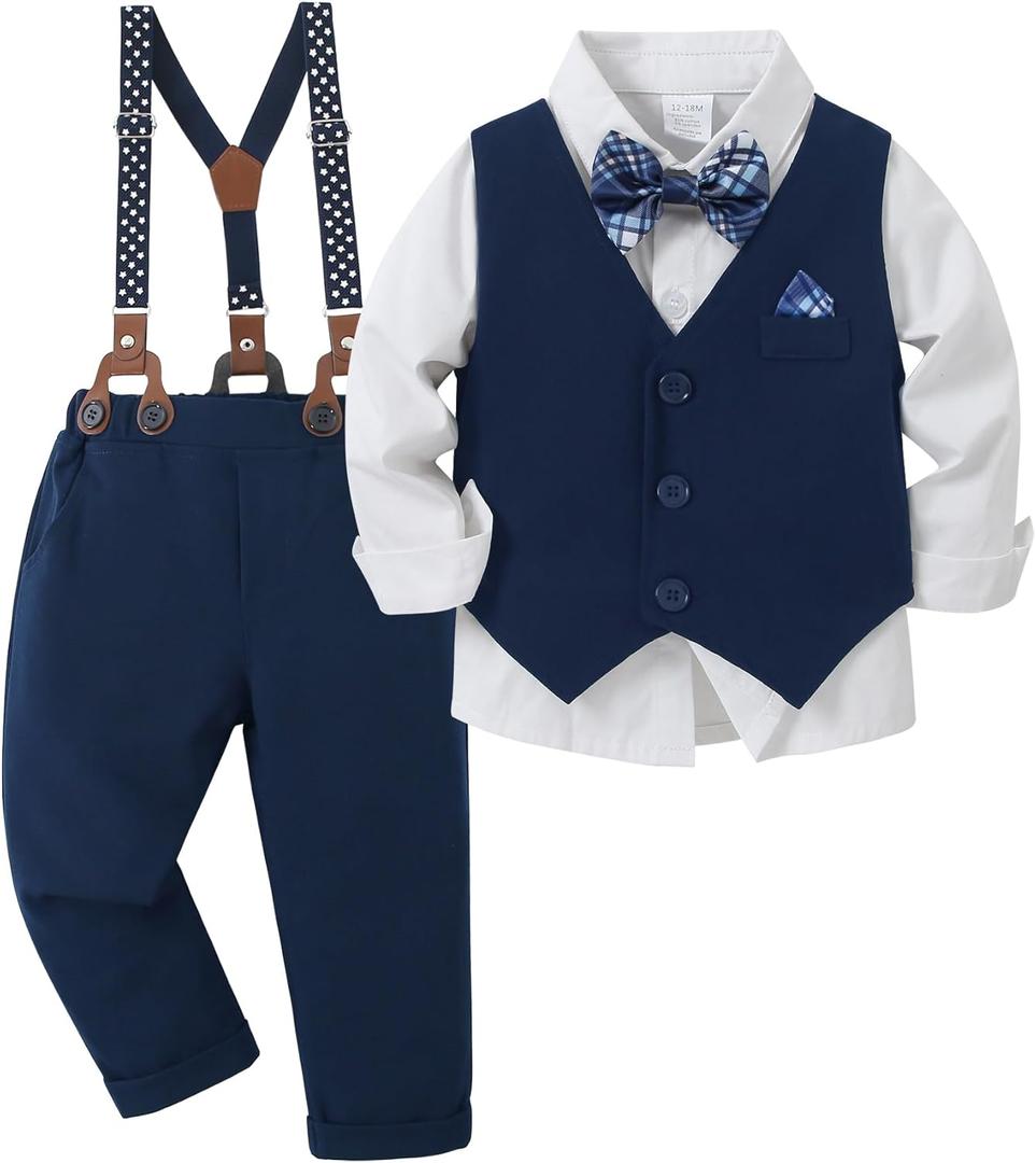 YUEMION Toddler Baby Boy Clothes Suits Gentleman Dress Shirt+Bowtie+Vest+Suspender Pants Boy Formal Wedding Outfits Set (18-24 Months, V White and Navy Blue)