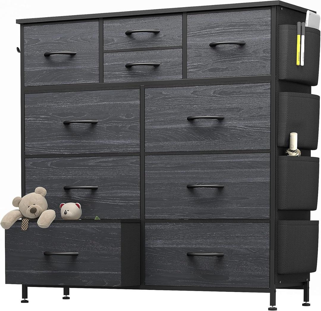 Dresser for Bedroom with 10 Drawers, Chest of Drawers with Side Pockets, Hooks, Wooden Top and Sturdy Metal Frame, Fabric Dresser Drawers for Living Room, Hallway (Black Wood Veins)