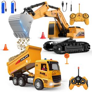 Remote Control Excavator and Dump Truck Toy Set - RC Construction Vehicles Toy with Barricades, Road Signs, Simulated Rocks, Lights and Sounds, Birthday Gifts for Toddlers 3-12 year Boys Girls, 10.62 inches