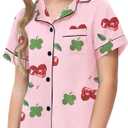 Veseacky Luxurious Kids Satin Pajama Button Down Short Sleeve Nightwear Classic Solid 2 Piece Pj Set(Pink Cherry,130) (Pink)