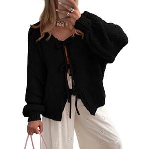 PRETTYGARDEN Women's Tie Front Bow Cardigan Sweaters Chunky Knit Long Puff Sleeve Trendy Fall Winter Jacket Coats (Black,X-Large)