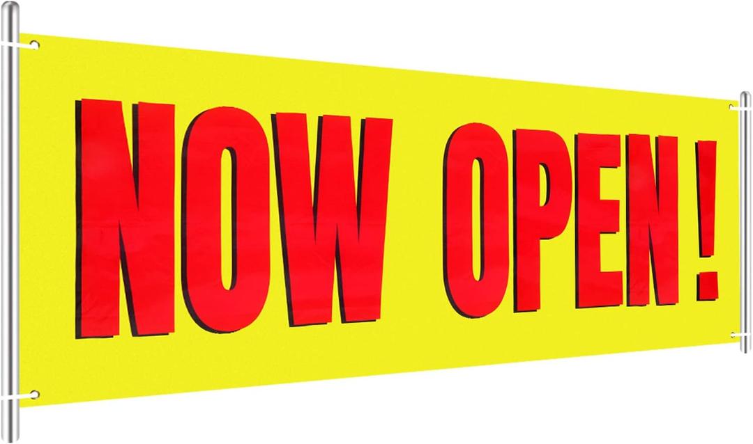 Large Now Open Banner Outdoor Indoor Signs Polyester Oxford Cloth Now Open Sign Hanging Banner for Lawn Outside Business Shop Decoration, 3 x 8 Feet(Yellow Background with Red)