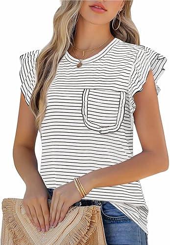 JUSTFASHIONNOW Womens Summer Tops Striped T-Shirts 2025 Ruffle Short Sleeve Crew Neck Casual Blouses with Pocket
 Large