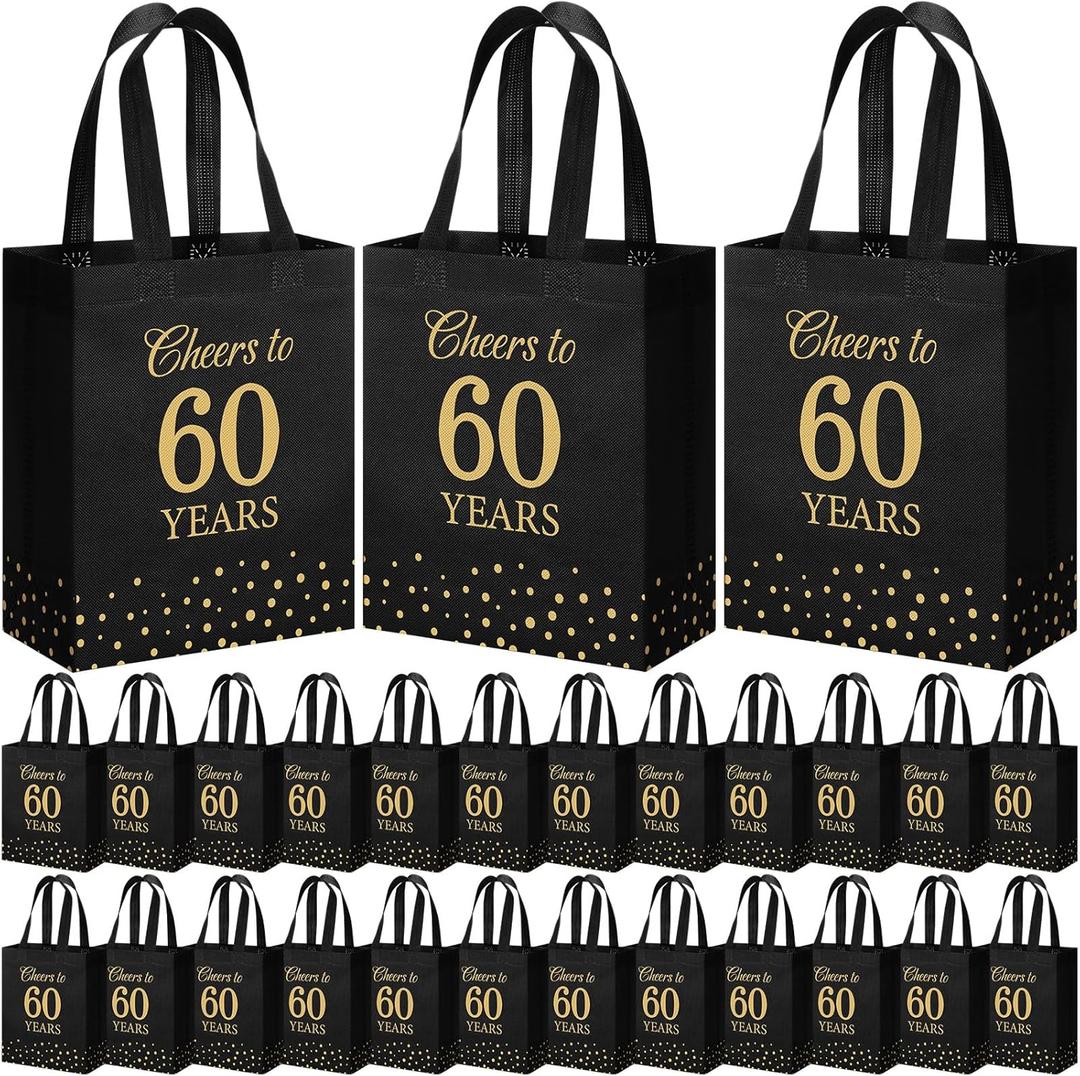 Supervitae 24 Cheers to 60 Years Gift Party Bags Medium Black and Gold Party Decoration Supplies Reusable Non Woven Totes for Birthday Anniversary Wedding Favor(9.8" x 7.9" x 3.9")