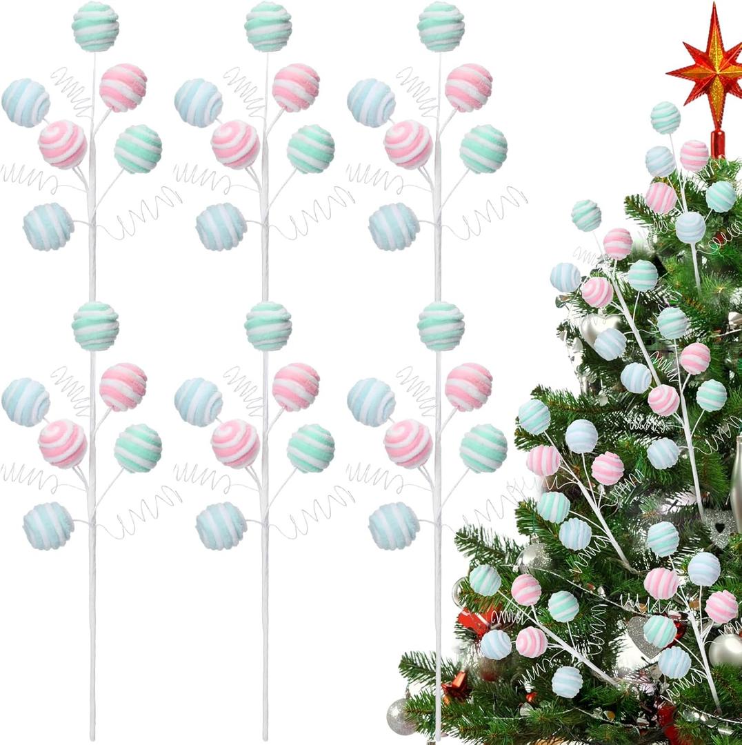 Gejoy 6 Pcs 15.7 Inch Pastel Candy Christmas Tree Picks and Sprays Candy Land Christmas Sticks Pastel Xmas Lollipop Stems Cute Macarons Xmas Tree Toppers for Vase Filler Holiday Party Decoration