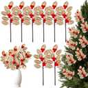 Janinka 8 Pcs Christmas Gingerbread Poinsettia Picks Tree Topper Picks with Berries Gingerbread Poinsettia Flower with Gold Glitter 11.8 Inches Christmas Tree Ornaments for Xmas Home Vase Decor