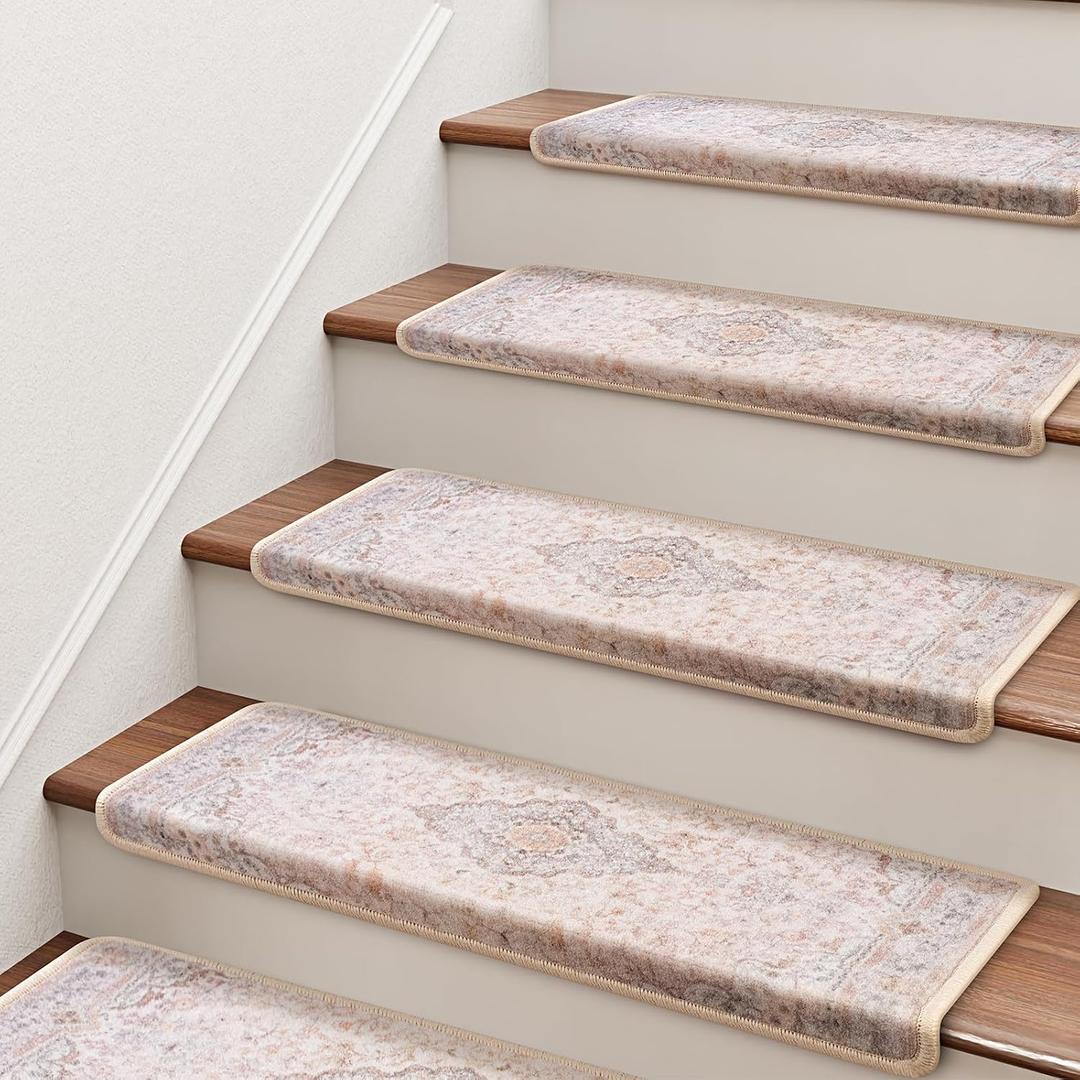 Brakki Bullnose Stair Treads for Wooden Steps, Non Slip Stair Carpet for Indoor Runner and Pets, Soft Edging Staircase Protectors Reusable, Washable, 29.5"x9.5"x1.5" 14pcs, Beige Pink