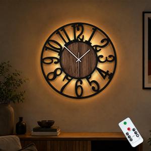 20" Silent Wall Clock – Adjustable Night Light, Battery Operated