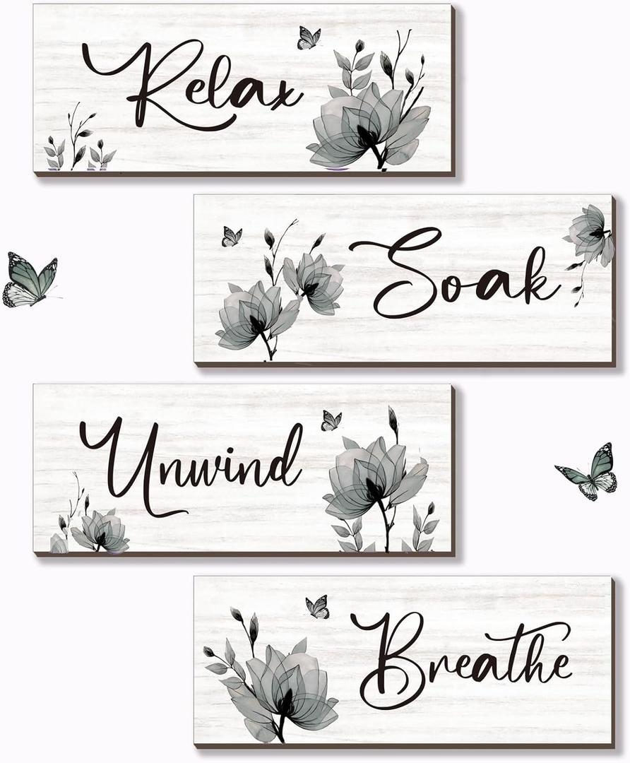 ONIZHITY Set of 4 Black Bathroom Decor With Black Flower Wall Art Inspire Relax Soak Unwind Rustic Farmhouse Wooden Wall Art Ideal for Women's Bedroom, Office, Living Room, Kitchen (10x4)