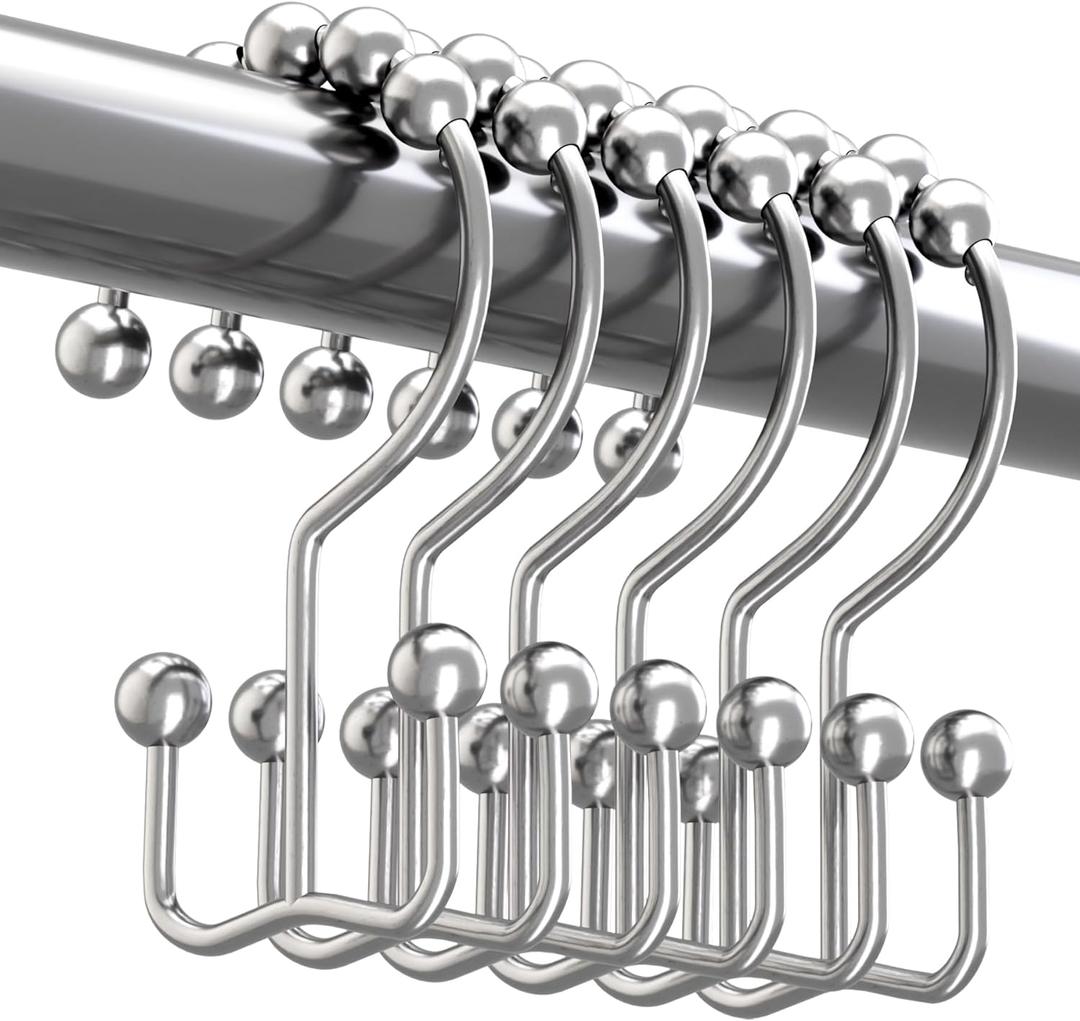 Titanker Shower Curtain Hooks Rings, Rust-Resistant Metal Double Glide Shower Hooks for Bathroom Shower Rods Curtains, Set of 12 Hooks - Chrome