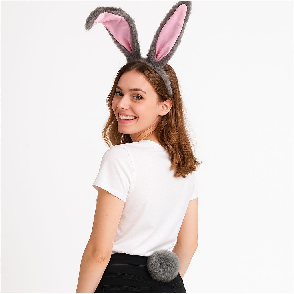 Furry Bunny Ears Headband with Tail Pom Pom Costume rabbit headbands tails Christmas Halloween Costume Adult Party (Gray)
