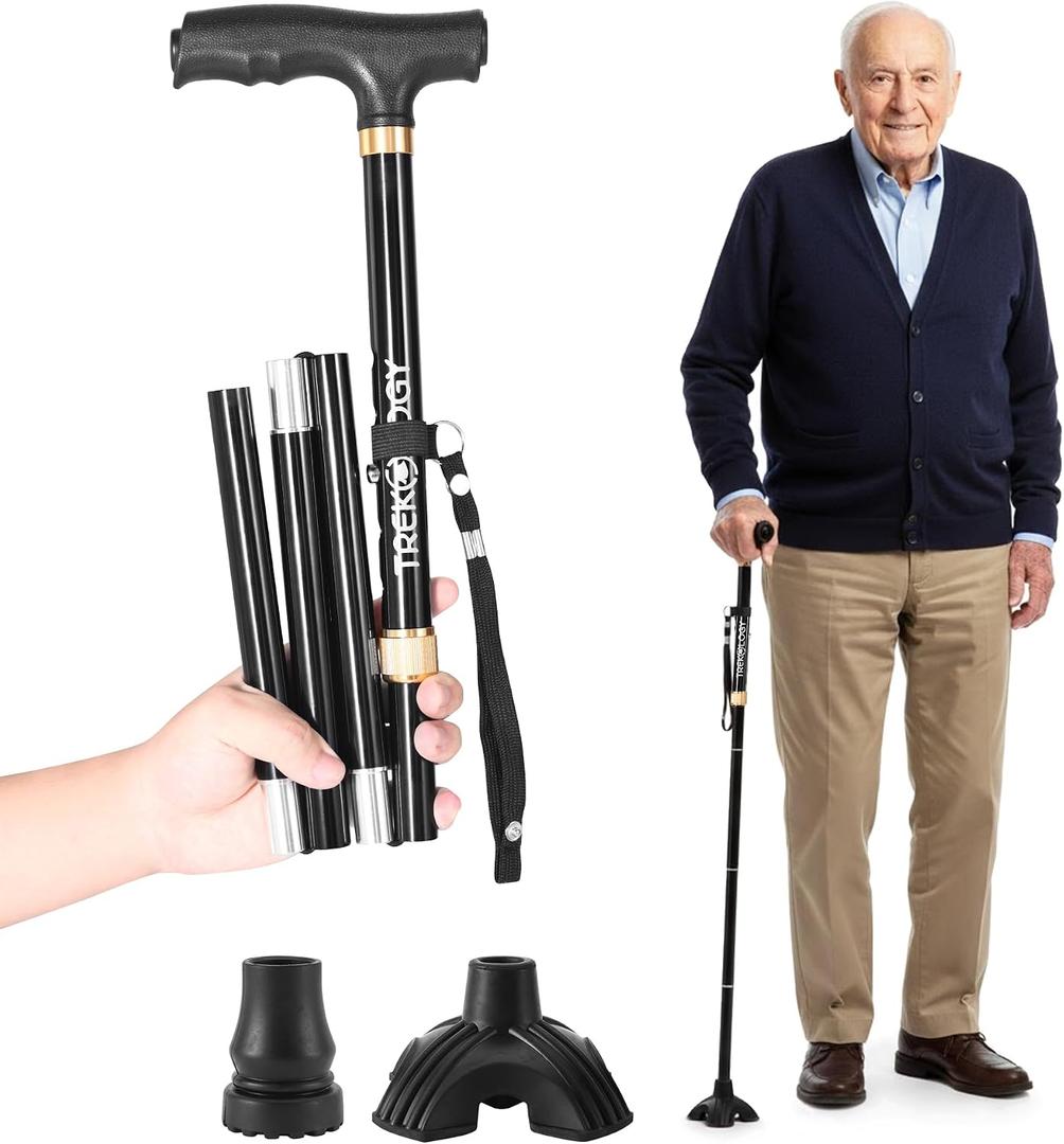 Trekology Foldable Walking Cane for Seniors - Folding Walking Stick for Men and Women with Quad Self-Standing Base for Stability & Balance - Adjustable, Lightweight with Locking Design - Travel Ready