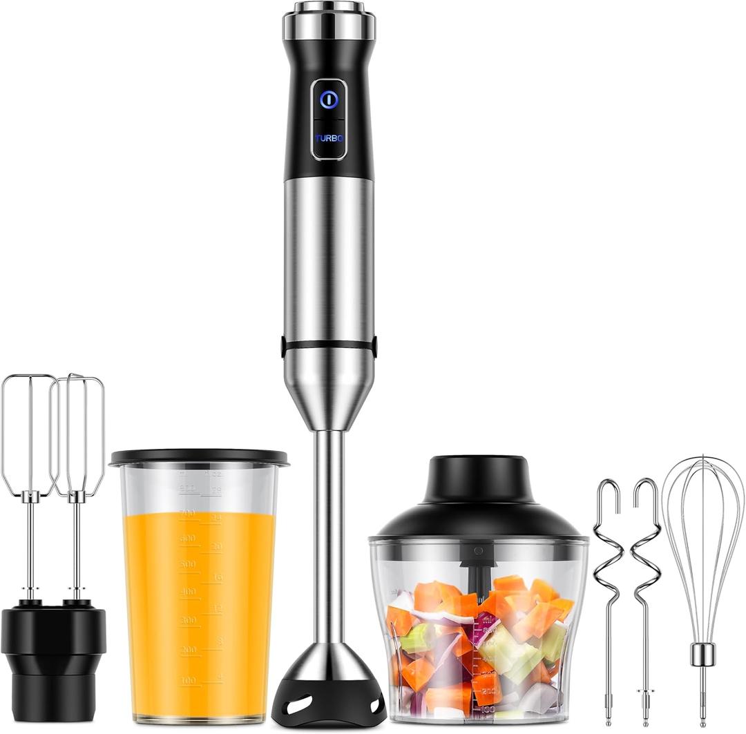 Immersion Blender 6-in-1, 1000W Hand Blender with 20 Speeds, Scratch-Resistant Stick Mixer with Whisk, Chopper, Beaker, Egg Beaters & Dough Hooks  Heavy Duty Hand Mixer, Black