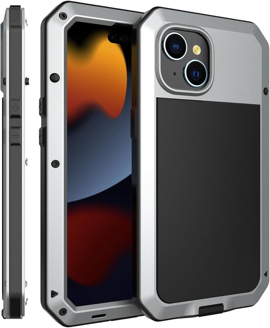 Compatiable with iPhone 15 Case,360 Full Body Protective Cover Heavy Duty Shockproof Tough Armour Aluminum Alloy Metal Case with Silicone Built-in Screen Protector - Silver