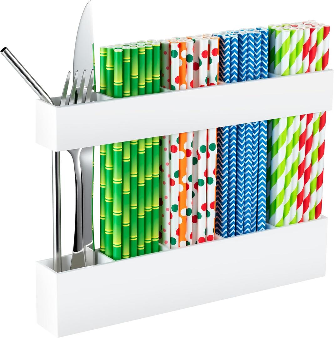 CIEO Straw Organizer for Cabinet Door Storage, 9.5" Large Acrylic Holder for Reusable Tumbler Straws Chopsticks Spoons, Adhesive Under Cabinet Mount Kitchen Container (White)