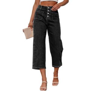 Sidefeel Women's Capri Pants Trendy Wide Leg Jeans High Waisted Stretchy Loose Cropped Denim Pants (Black, S)