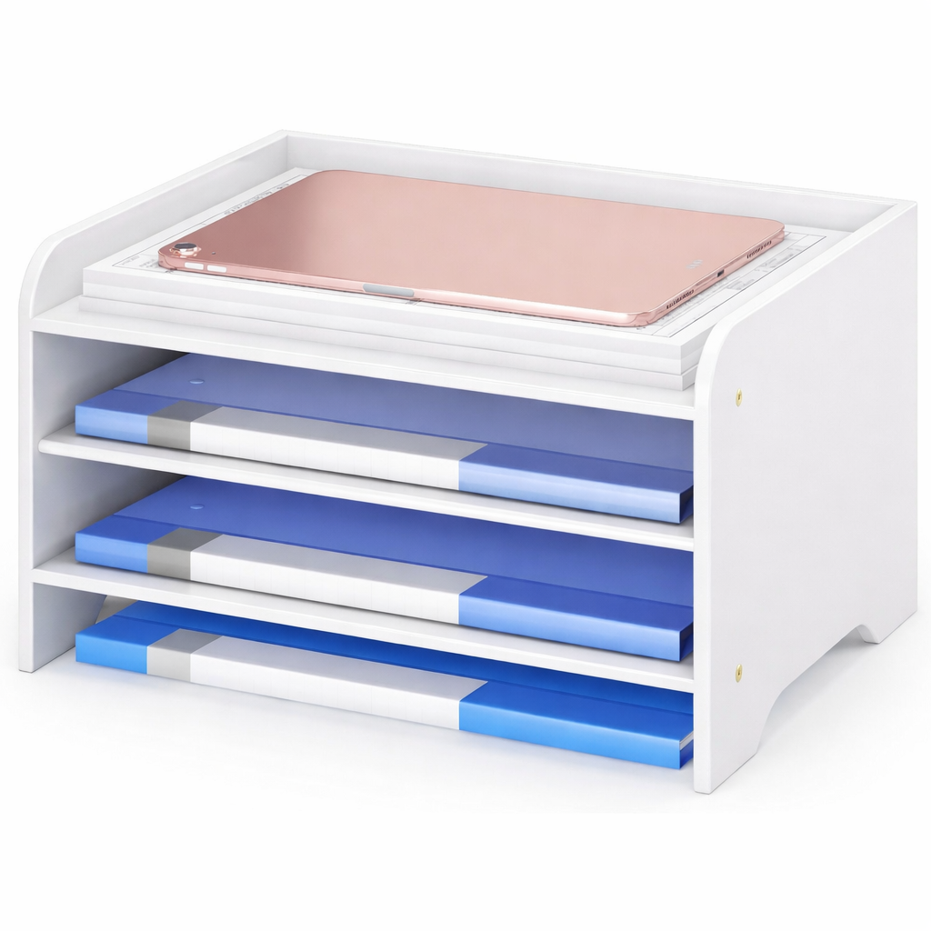 Desk File Organizer 4-Tier Desktop Paper Mail Organizer Document Holder for Home Office Supplies, Office Desk Accessories & Workspace (White)