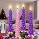 Enhon Flameless Advent Candles Set of 4, 10 Real Wax LED Taper Candles for Advent Wreath, Realistic 3D Flames, Battery Operated, Remote Control, Flickering Candle for Christmas Church Celebration (Purple, Pink)