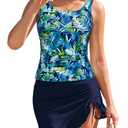 SHEKINI Womens Tankini Bathing Suits with Ruffle Skirt Two Piece Tummy Control Swimsuits Ladies Swimwear (US, Alpha, Large, Regular, Regular, 61Y Dark Blue+Printed)