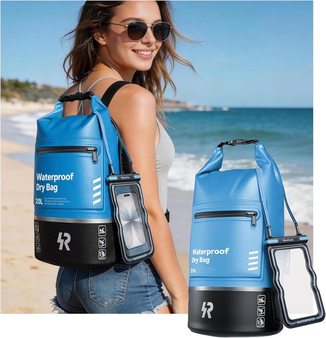 Rorhxia 20L Waterproof Dry Bag, [Upgraded Waterproof & Tearproof] with Bonus Phone Waterproof Case, Roll Top Floating Waterproof Storage Bag for Kayaking, Beach, Fishing, Gym, Camping Outdoor