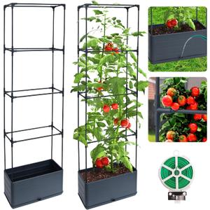 2 Packs Raised Garden Bed Tomato Planter Box with Trellis, 55.2" Self-Watering Tomato Cage with Rectangular Trellis for Climbing Plants Flowers Vegetables Vine in Patio Garden Indoor Outdoor, 4 Tiers-55.2"