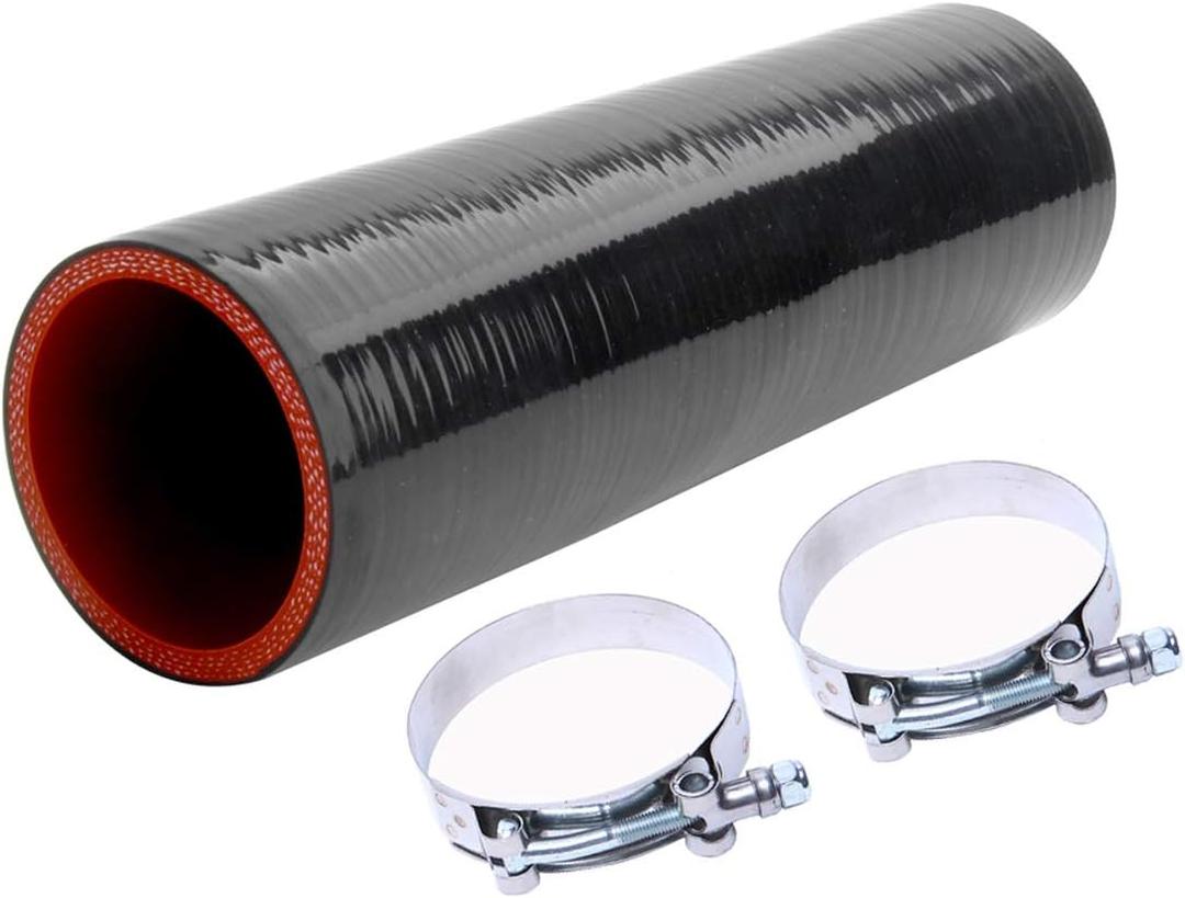 Hose 8''(203MM) Length 4-Ply 5MM thickness Long Straight Coupler Silicone Hose Black with Red Color with T-clamp ID: 2.0''(51mm) 